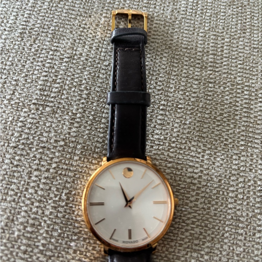 Movado Gold and brown Leather Watch - Picture 2 of 5